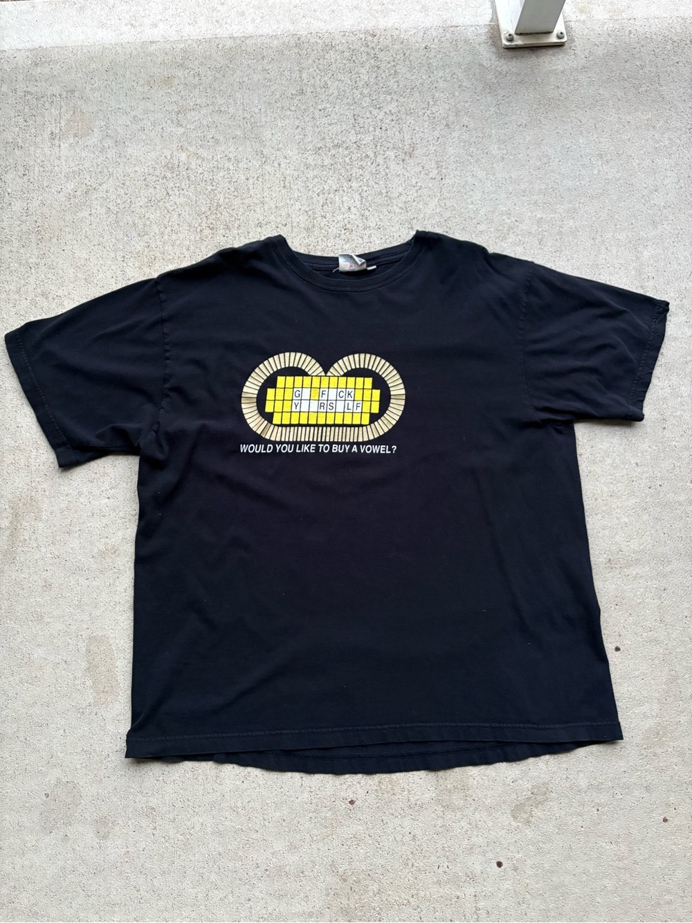 Vintage Funny Graphic Tee Buy A Vowel Wheel of Fortune Parody Tshirt Black 24x29